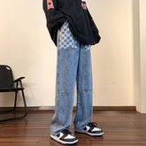 Men Jeans Autumn and Winter Chessboard Plaid Jeans Loose Straight Casual Working Pants